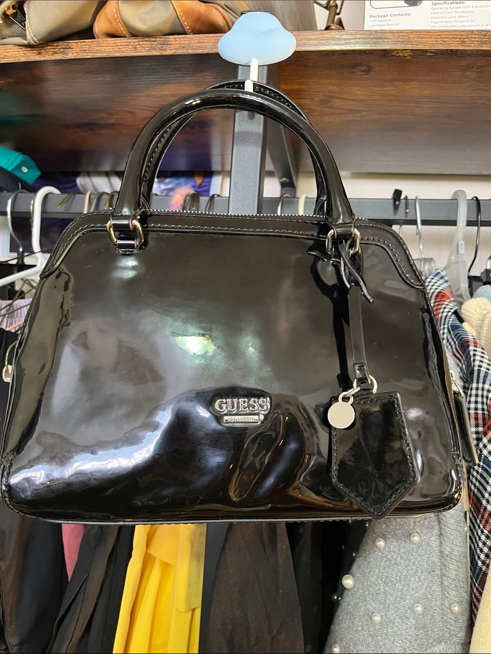 GUESS Black Patent Satchel with Charm Accent